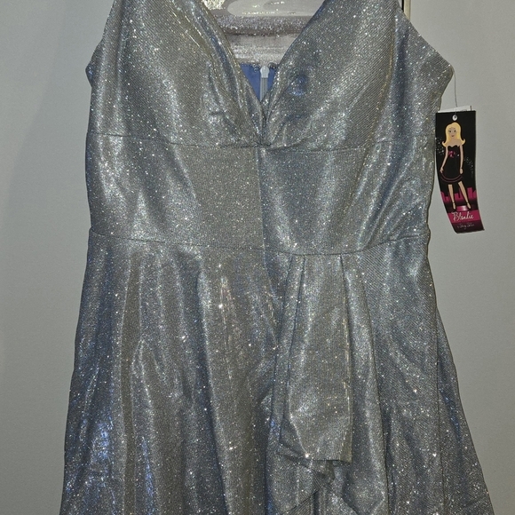 Silver/Blue Metallic Ruffled Fit & Flare Dress Juniors 14 *NWT $169 - Picture 3 of 9